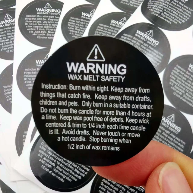 1.5 Inch Waterproof wax melting safety label stickes warning candle sticker Sheets round Candle Jar Container Labels white black 1