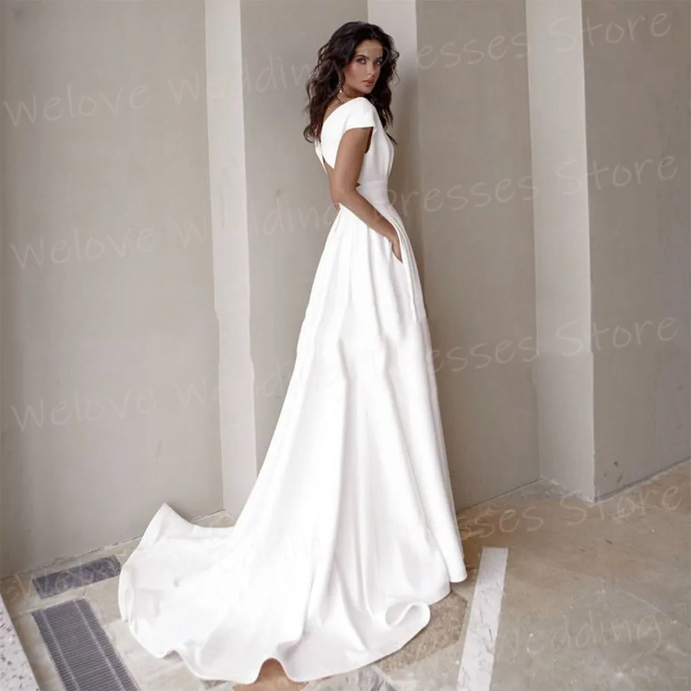 Simple Satin A Line Wedding Dresses Fascinating V Neck Cap Sleeve Bride Gowns For Women Side High Split Vestidos De Novia Boda 2