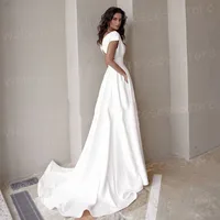 Simple Satin A Line Wedding Dresses Fascinating V Neck Cap Sleeve Bride Gowns For Women Side High Split Vestidos De Novia Boda 2