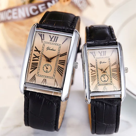 Luxury Rectangle Dial Quartz Watch with Leather Band