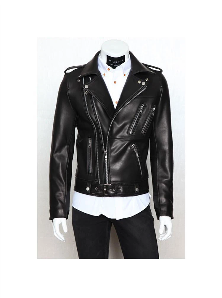 Description Picture 4 of itemSpring Autumn Cool Black Soft Faux Leather Jacket Men with Many Zippers Long Sleeve Belt Plus Size Outerwear