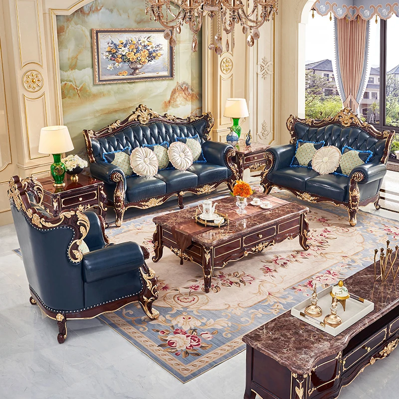 

European leather sofa combination all solid wood neoclassical living room American leather sofa