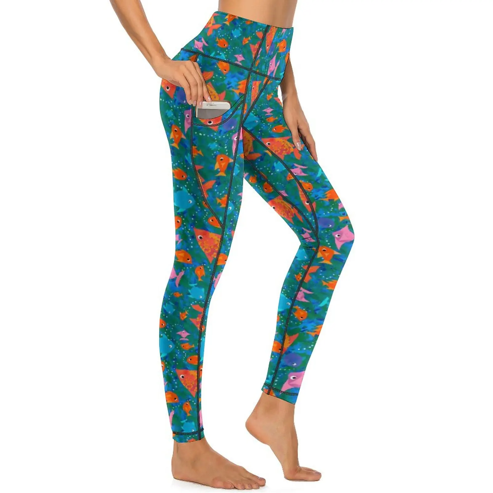 

Fun Sea Fish Yoga Pants Pockets Orange Pink Blue Leggings Sexy Push Up Retro Yoga Sports Tights Stretchy Printed Gym Leggins