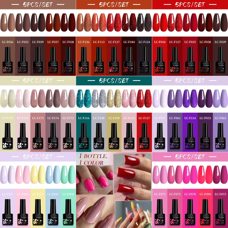 LILYCUTE 5Pcs/Set 7ML Red Brown Nail Gel DIY Nail Art Semi Permanent UV Gel Polish Long Lasting Design Manicure Kit Supplies