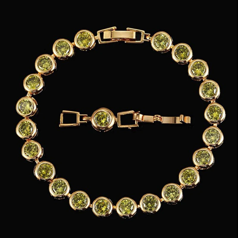

ThreeGraces New Trendy Olive Green Cubic Zirconia Crystal Round Shape Link Chain Bracelet for Women Fashion Party Jewelry BR198