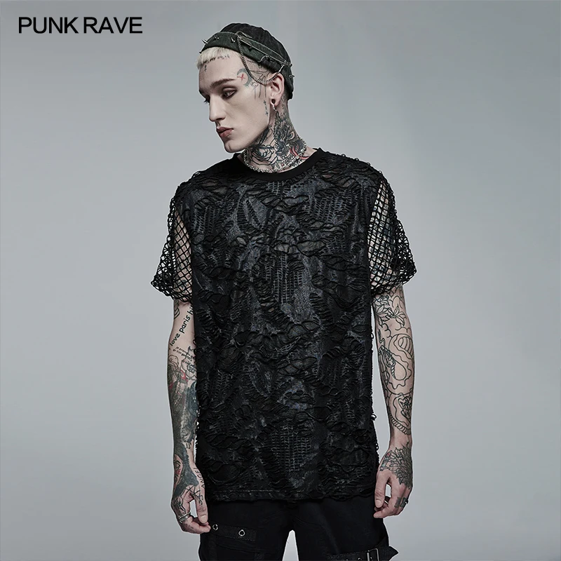 

PUNK RAVE Men's Goth Daily Wear Knited Broken Holes Splices Mesh Short Sleeve T-shirt Fashion Personality Casual Loose Tees