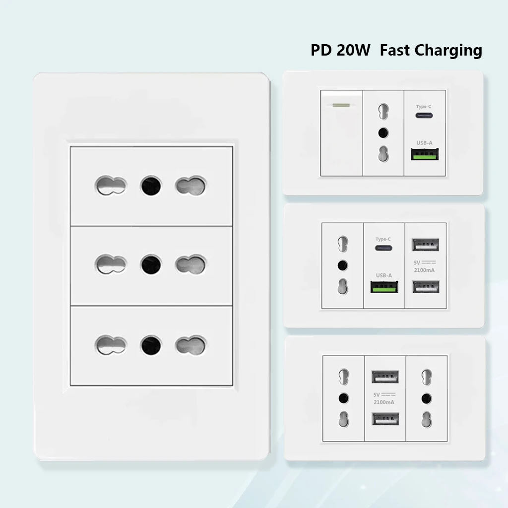 Italy Chile  Standard Outlet with USB Smart Type-c 20W Fast Charging, Dual USB Wall Socket Chile Plug Plastic Panel Light Switch