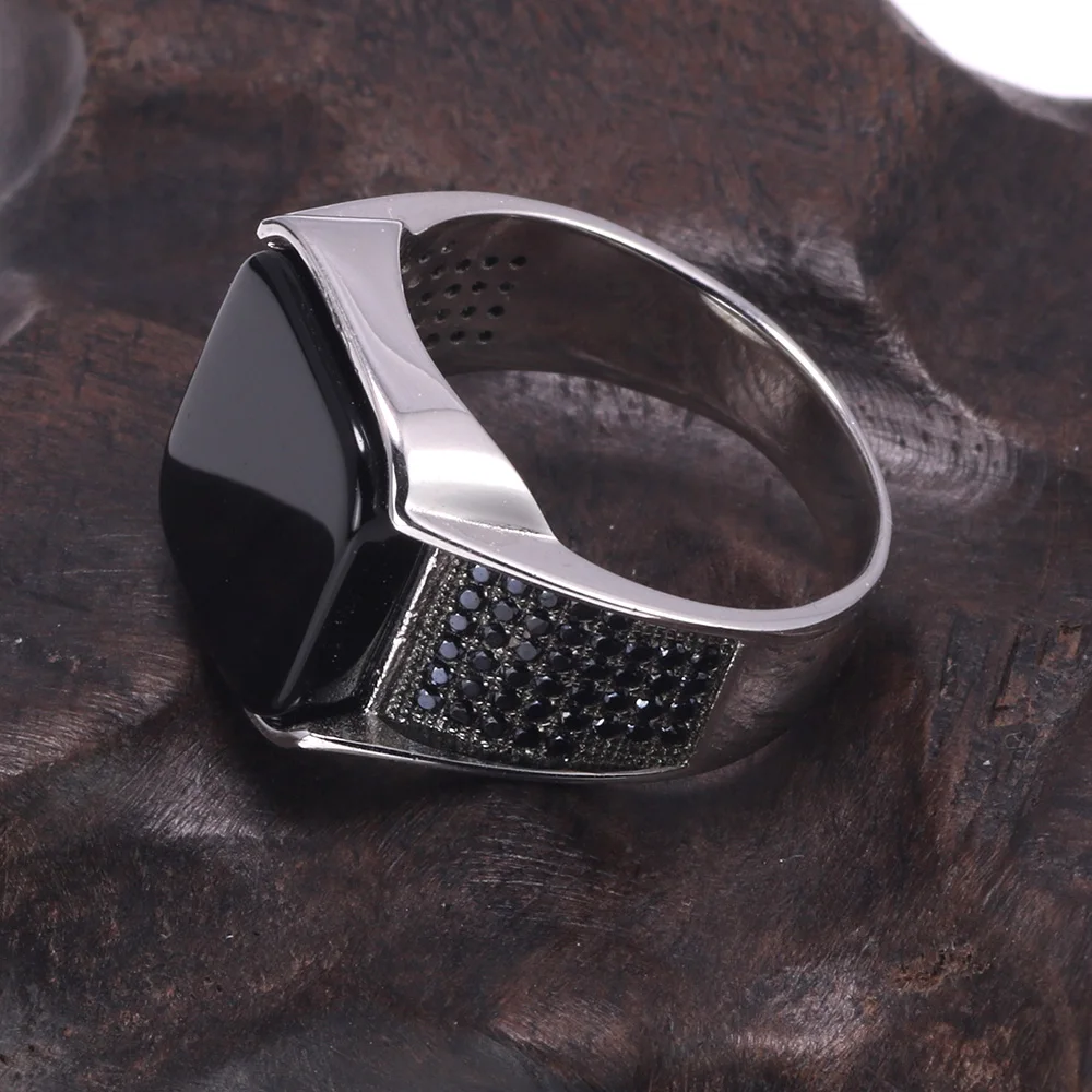 Guaranteed 925 Sterling Silver Rings Antique Turkish Ring Jewellery For Men With Square Black Natural Stones Simple Design - Image 2