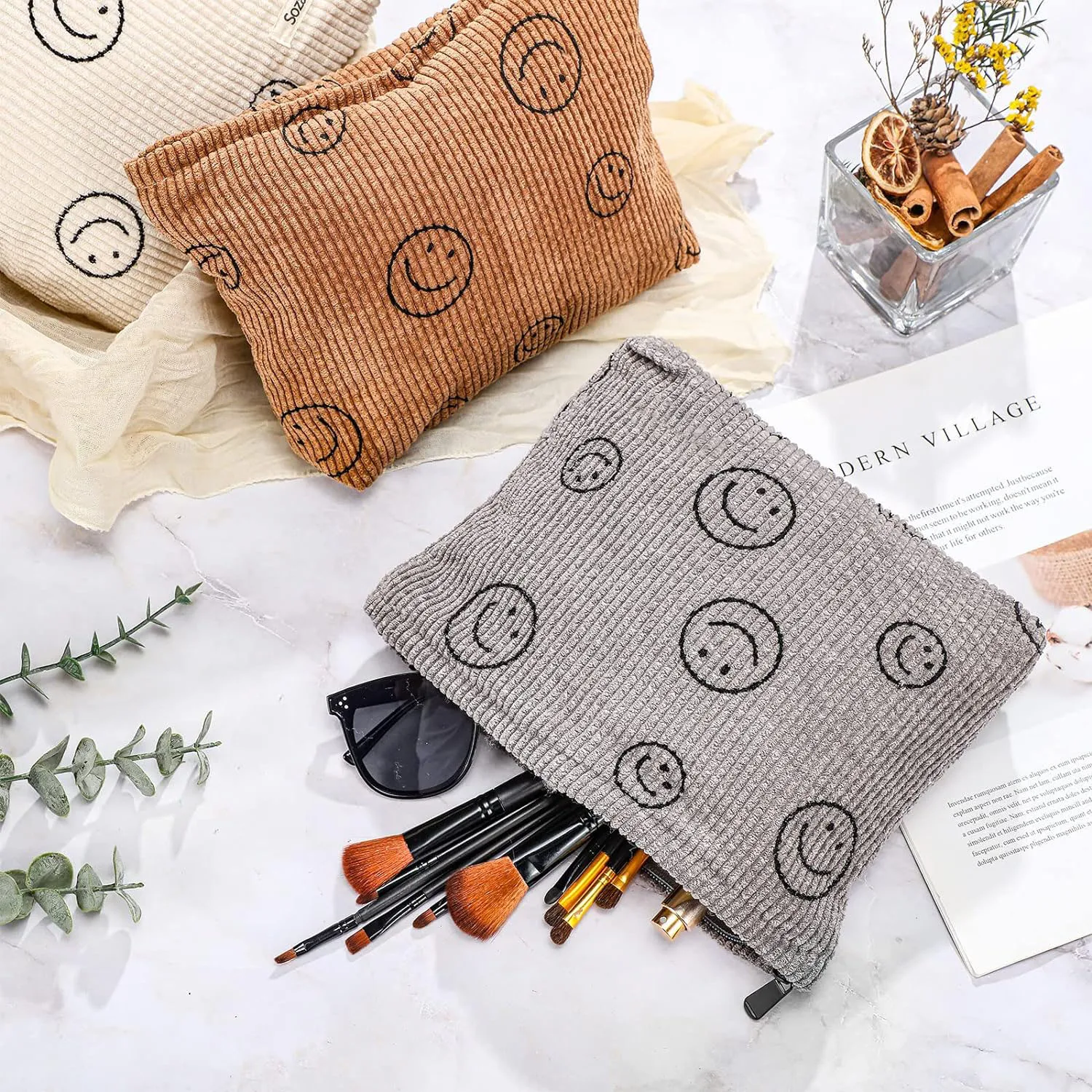 Makeup Bag For Women - Corduroy Cosmetic Bags Aesthetic Design Ladies Tote Bag, Cute Smiley Face Makeup Organizer with Zipper 3