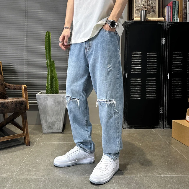 American Street Fashion Men Jeans Retro Blue Loose Fit Ripped Jeans Men  Wide Leg Trousers Patched Designer Straight Pants Hombre - AliExpress