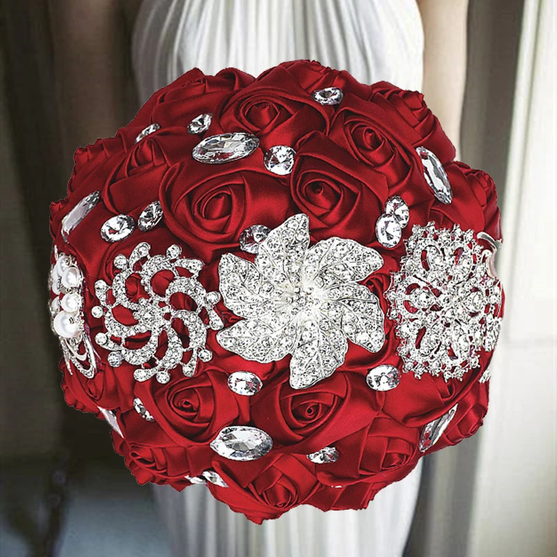 

Red Wedding Bouquets for Bride Bridesmaid, White Champagne Artificial Roses Flowers for Wedding Valentine's Day Decoration