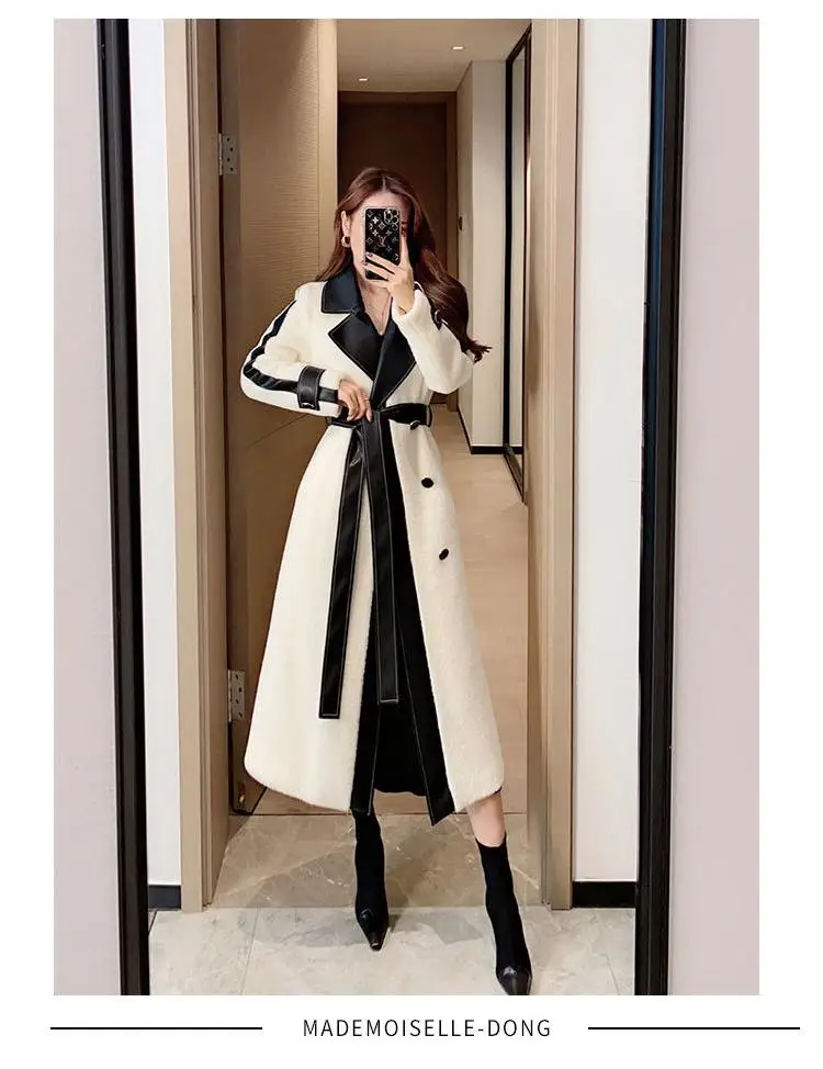 Autumn Winter Chic Woolen Coat Women Patchwork Long Jackets with Belt Lapel Korean Fashion Female Outerwear New Soft Overcoat