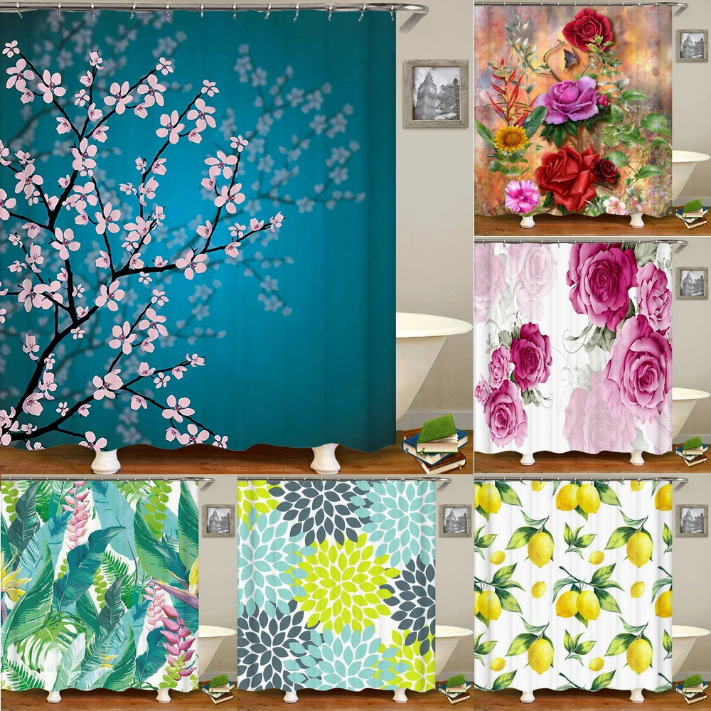 

Beautiful Colorful Flower Floral Printed Shower Curtains Frabic Waterproof Polyester Cherry Blossoms Bath Curtain With Hooks
