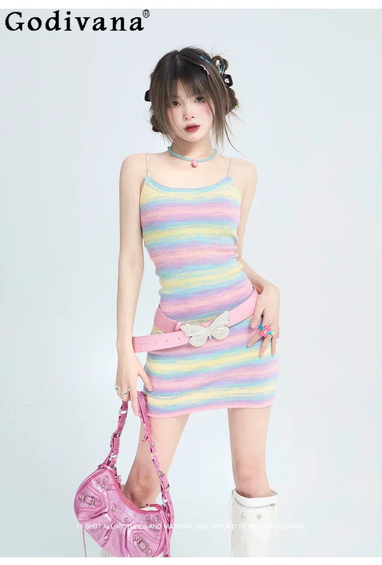 

Sweet Cute Girly Sling Dress Summer Fashion Slim-Fit Knitted Elegant Dresses Rainbow Striped Hot Girl Hip Mini Dress Women