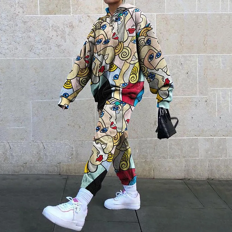 Women Casual Sport Suit Fashion Harajuku Print O Neck Tops And Pencil Pants Set Autumn Hooded Sweatshirt Tracksuit Two Piece Set 4