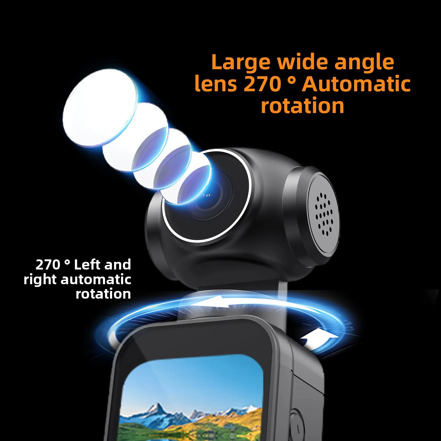 Caméra ANSVICAM 5K montée sur un casque, prête pour le vlogging sportif avec stabilisation anti-tremblement et écran tactile