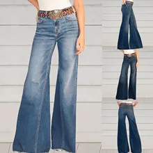 

Women's Jeans High Waist Washed Wide Leg Trousers Solid Retro Blue Color Loose Denim Pants Vintage Stretch Commute Jeans T6