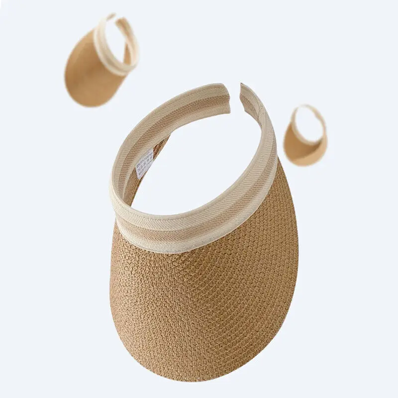 Sun Hat Women One Size Handmade Lafite Grass Straw Visor Empty Top For Outdoor UV Protection Beach