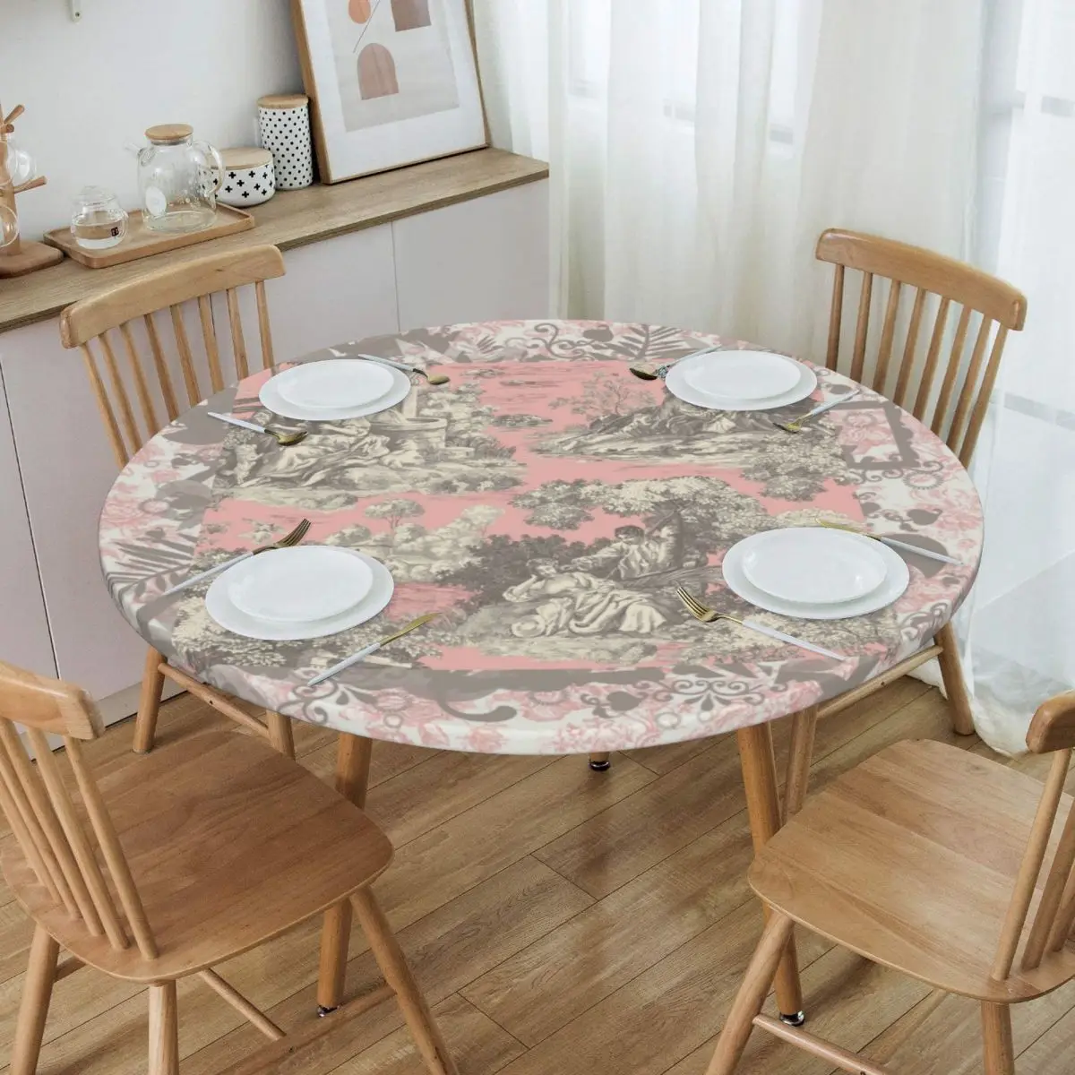 

Toile De Jouy Tablecloth Round Elastic Waterproof French Motif Flora Table Cover Cloth for Dining Room