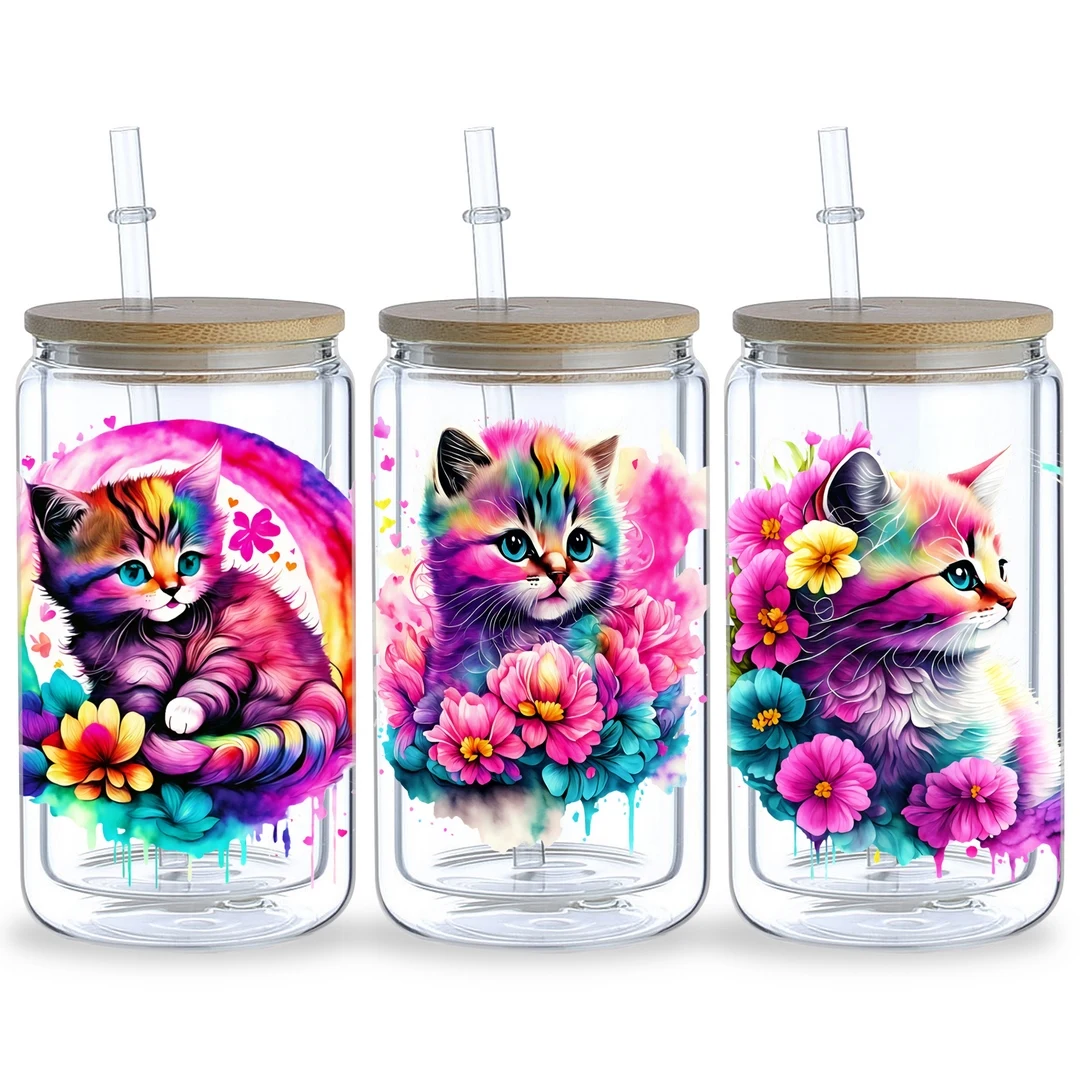 14pcs Cute Flower Cat UV DTF Transfer Stickers Waterproof for DIY Crafts 16 oz glass