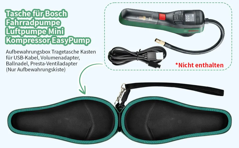 Luftpumpenbeutel für Bosch Fahrradpumpe, EasyPump, Aufbewahrungsbox, Tragetasche, USB-Kabel, Lautstärkeadapter, Kugelnadel, Presta-Ventil Ada – Detail 2