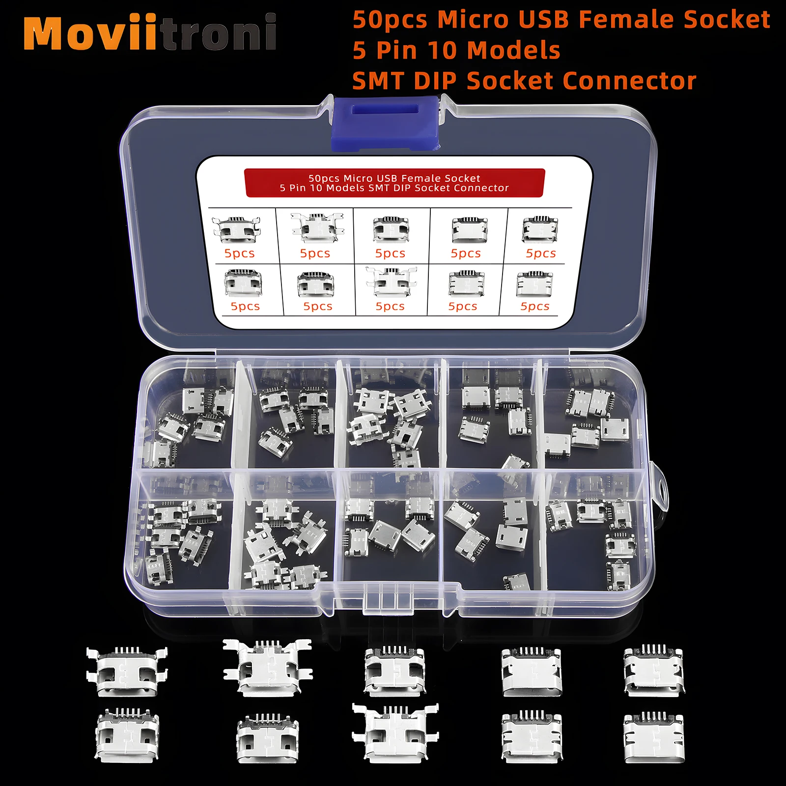 5 Pin SMT Socket Connector Micro USB Type B Female Placement 50/60Pcs 12 Models SMD DIP Socket Connector For PCB DIY Charging