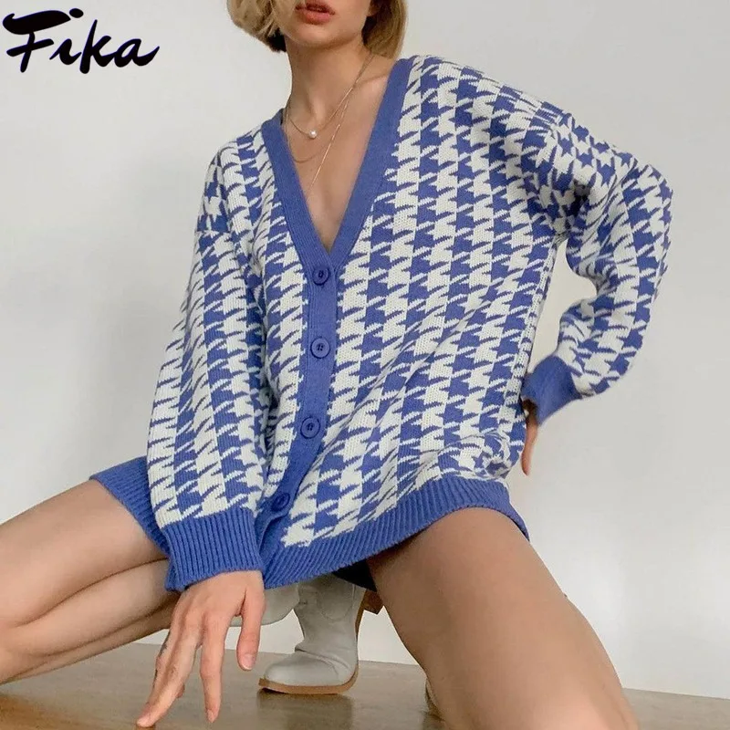

Autumn Winter Houndstooth Plaid Sweater Coat Vintage V Neck Long Sleeve Knitted Button Cardigan for Women Casual Loose Cardigans