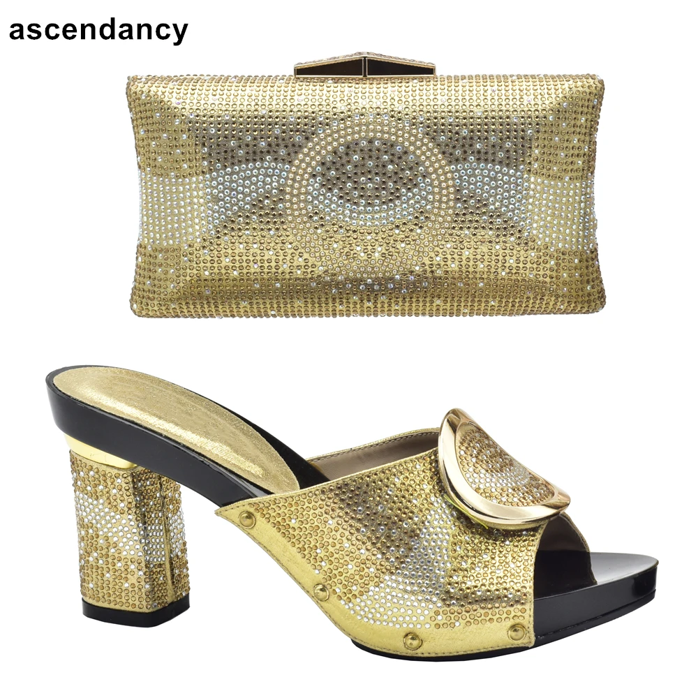 

Gold Color African Shoes and Matching Bags Italian Matching Italian Shoe and Bag Set Decorated with Rhinestone Italy Shoes Bag