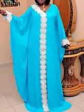 

Women Maxi Dress 2022 VONDA Vintage Long Sleeve V Neck Robe Femme Vintage Lace Patchwork Dresses Oversized Casual Vestido