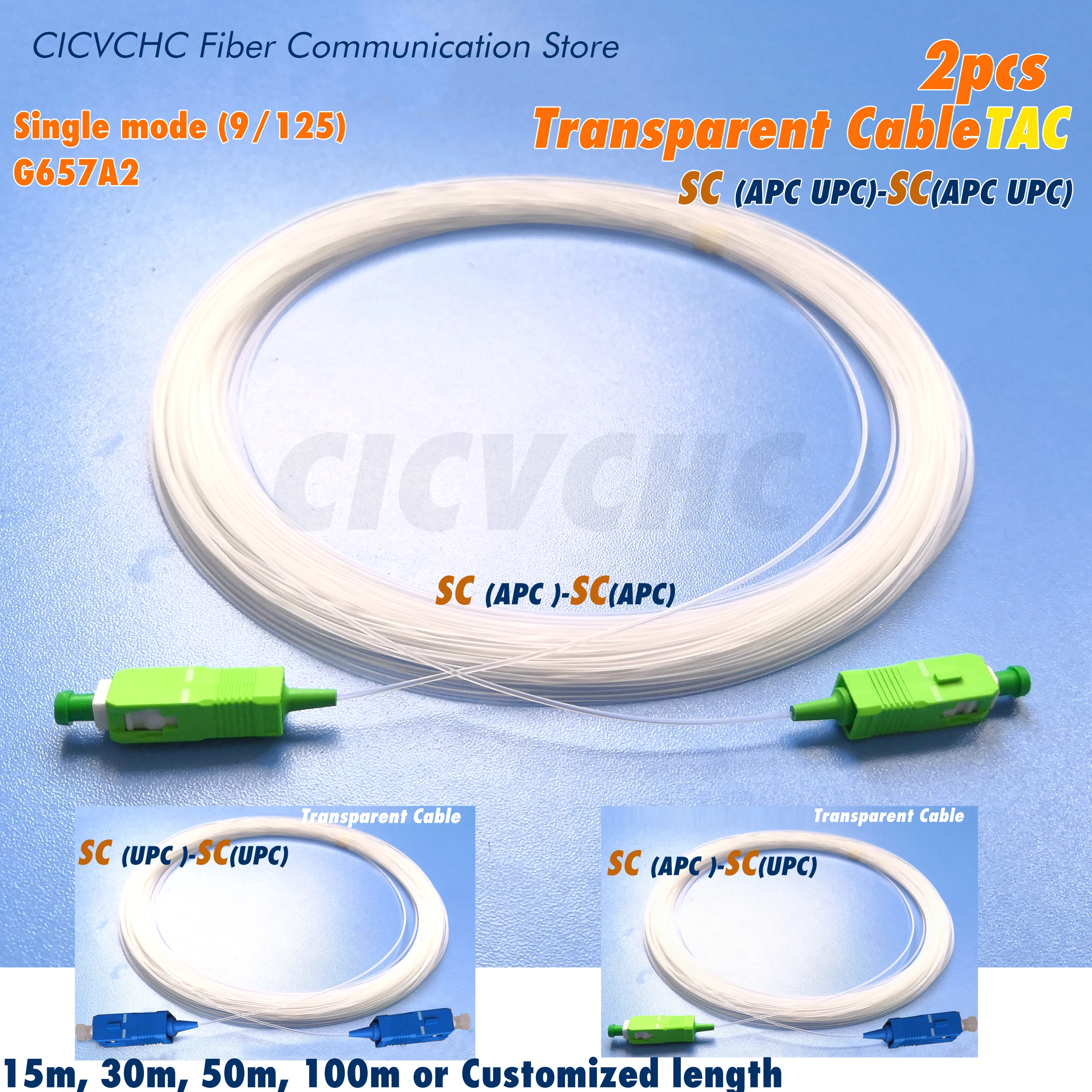 2pcs Transparent Cable (TAC)- SC-SC Jumper-SM(OS2)-G657A2-Bend Insensitive Fiber-APC UPC-Invisible optical cable