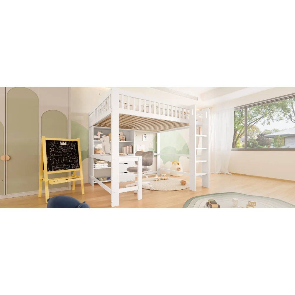 Modernes Hochbett, 90 x 200 cm, Kinderzimmerbett, mehrere Stauraumfächer, Leiter, Schreibtisch, 3 Schubladen, ohne Matratze, weiß – Detail 35