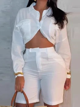 Women's Two Piece Sets Suit Temperament Elegant Solid White Loose Long Sleeves Exposed Waist Shirt High Waist Shorts Women Suit 1
