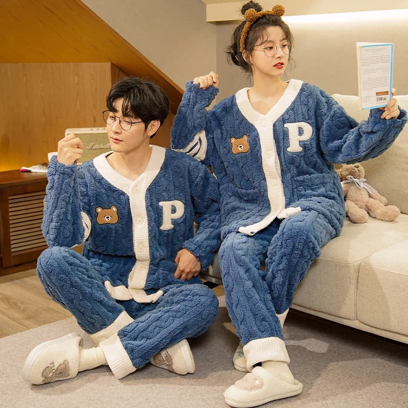 

2022 Winter Couple Long Sleeve Thick Warm Flannel Pajama Sets Man And Women Coral Velvet Sleepwear Suit Pyjamas Homewear Clothes