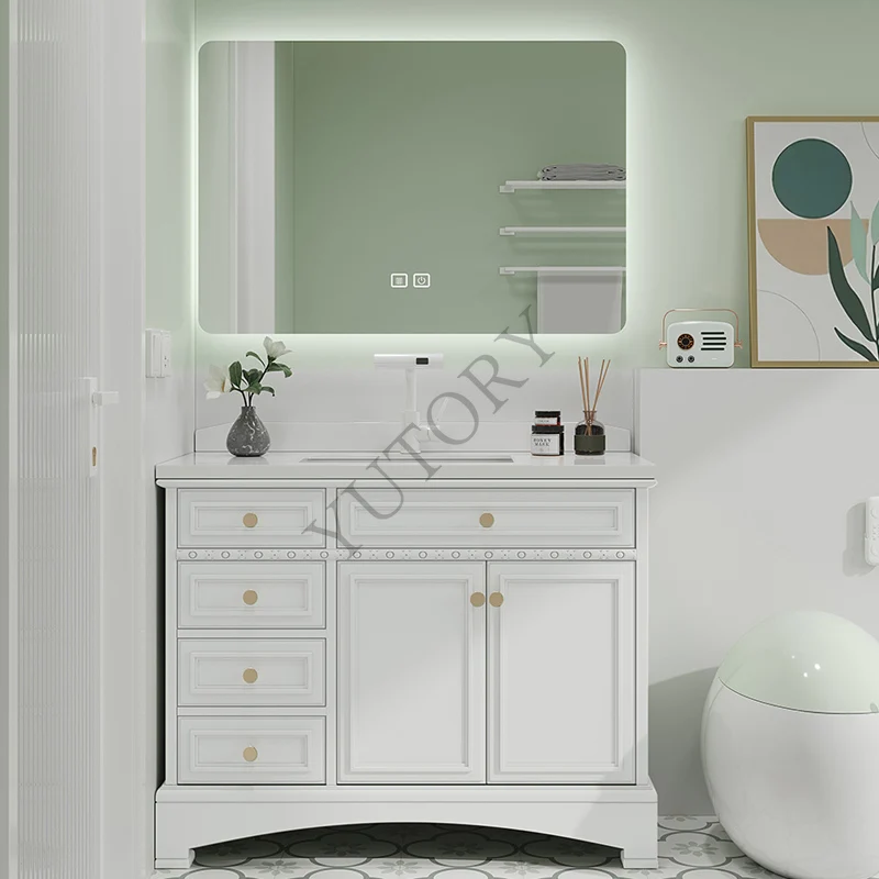 Solid wood paint dark green bathroom cabinet rock slab ceramic integrated basin floor-to-ceiling washstand