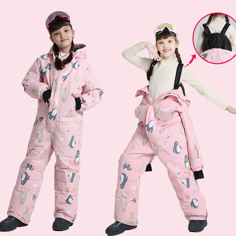 

2022 Winter Ski Suit Boy Girl One Piece Snowsuits Sport Cartoon Children Jumpsuits Outdoor Mountain Skiing Kids Ski Ovearall