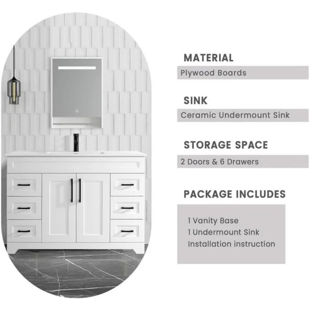 48” Bathroom Vanity with Ceramic Sink Combo, White Bathroom Cabinet with Soft Closing Doors & Drawers,Bathroom Storage Cabinet 4