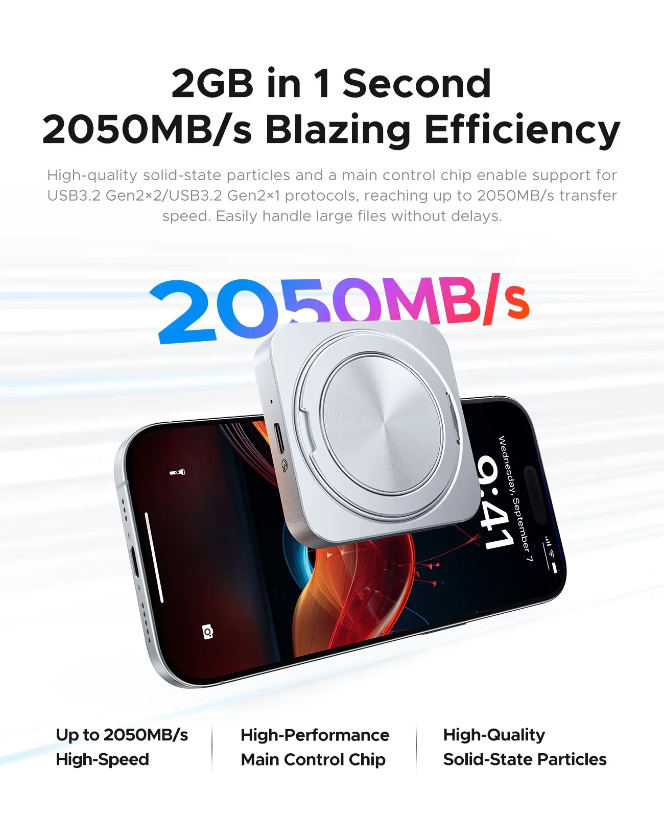 ORICO 마그네틱 PSSD 외장 디스크 (아이폰 16, 15 Pro/Max용) 최대 2000MB/s 속도, 4K ProRes HDR 녹화 저장, 360도 스탠드 포함 휴대용 SSD
