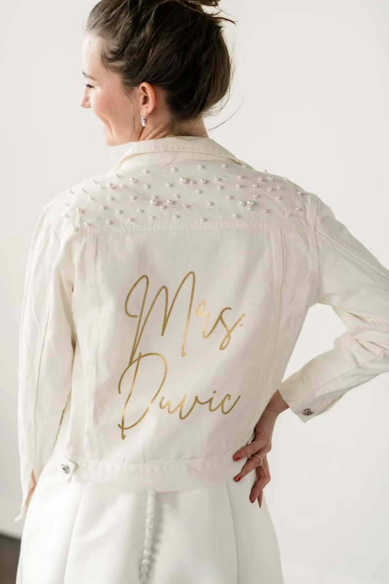 Personalized Mrs. Jacket Pearl Personalized Bride White Denim Jacket Mrs. Jackets Bachelorette Party Wedding Shower Custom Coats