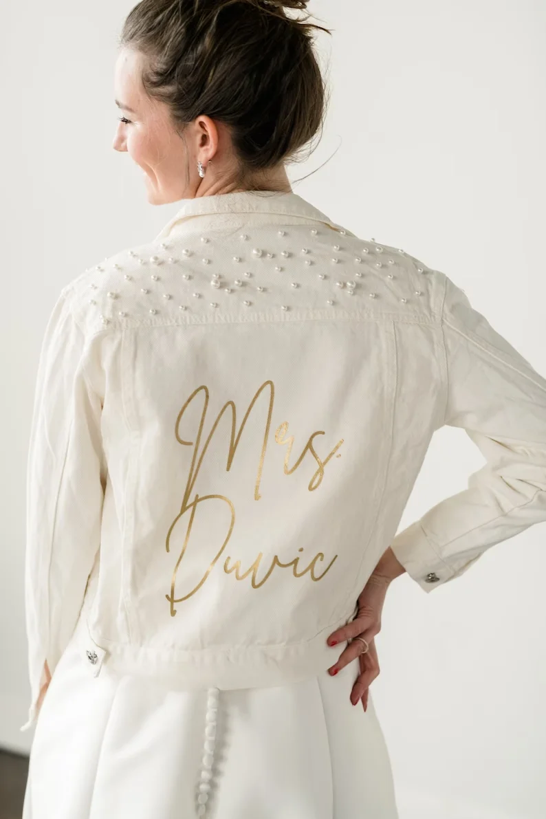 Personalized Mrs. Jacket Pearl Personalized Bride White Denim Jacket Mrs. Jackets Bachelorette Party Wedding Shower Custom Coats mrs pearl jean jacket personalized jean jacket bride jean jacket mrs denim bridal gift wedding just married jacket