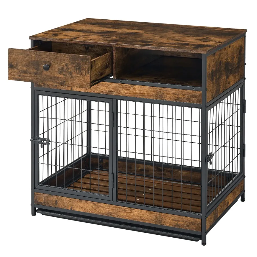 Dog Crate Rustic Brown 31.5Wx22.64Dx30.59H Double Doors Furniture Cage