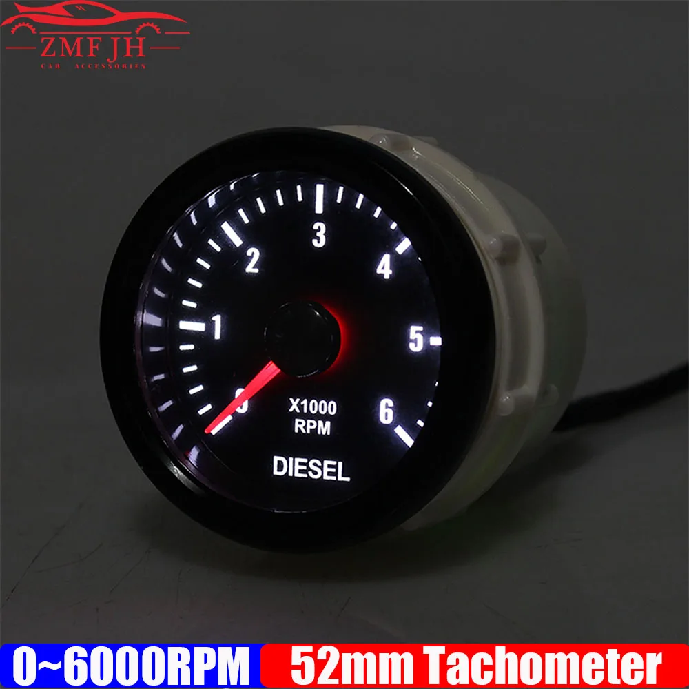 2" 52MM Tachometer White Light Point 0-6000 RPM Tacho Meter Electrical Tachometer Gauge For 1-20 Cylinder Diesel Car 12V Custom