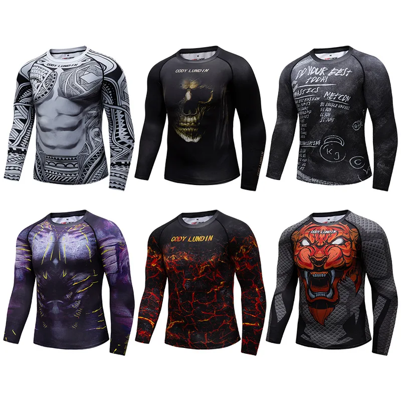 Mens BJJ MMA Rash Guard T-shirt Fitness Sport Compression T-shirts Boxing Jerseys Gym High-elasticity Workout T Shirts