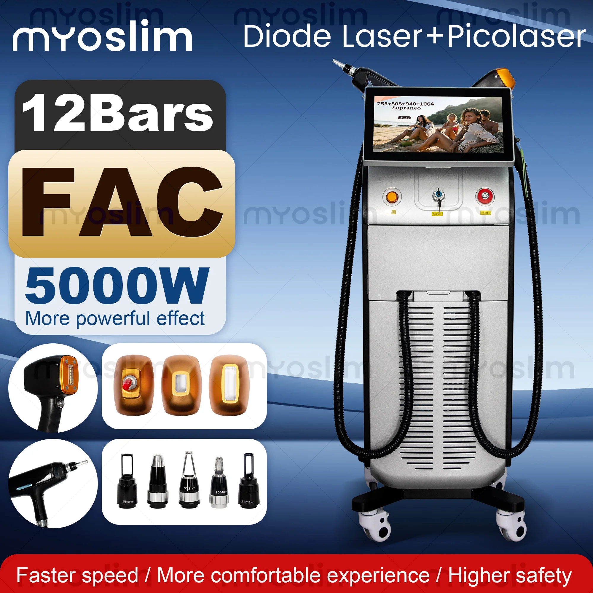 12 Bars 5000W 4 Wavelength FAC Diode laser hair removal machine CE Certified Hair Removal 755 808 940 1064nm Diode Laser Salon 6