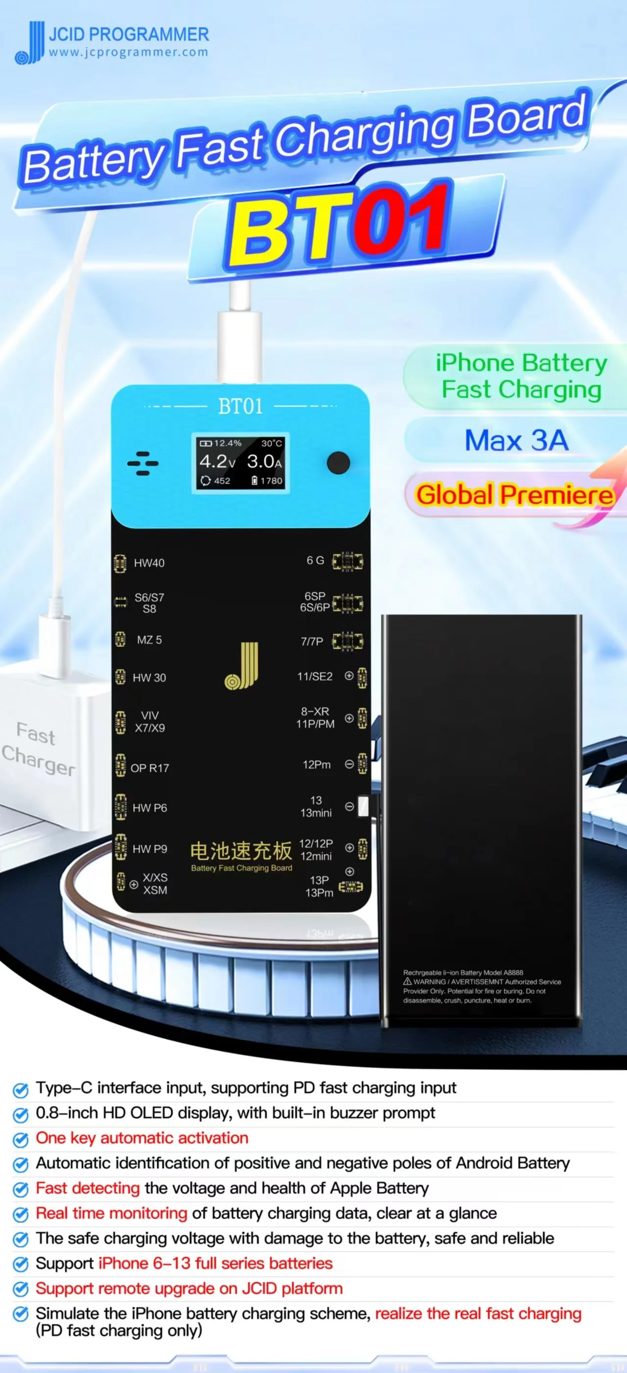 

Плата JCID для быстрой зарядки аккумуляторов BT01/iPhone, инструменты для быстрой зарядки/обнаружения аккумуляторов