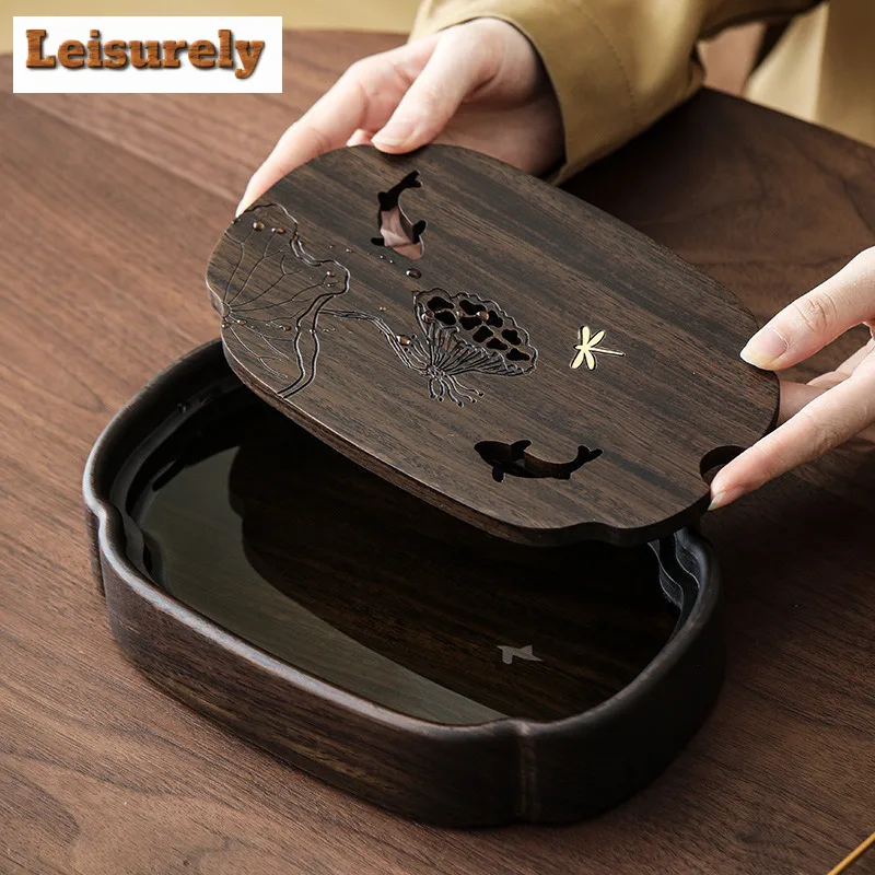 Fish Play Lotus Pond Tea Tray Walnut Wood Water Storage Drainage Dry Soaking Platform Solid Wood Pot Bearing Holder Tea Table