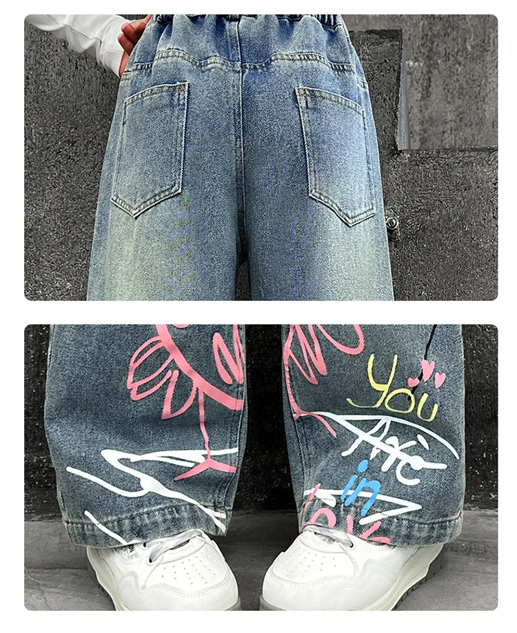 تصميم جديد للأطفال مطبوعة الهيب هوب الجينز للفتيات موضة عالية الشارع الشهير الدنيم السراويل الاطفال العصرية الكرتون الجينز السراويل 4-14T
