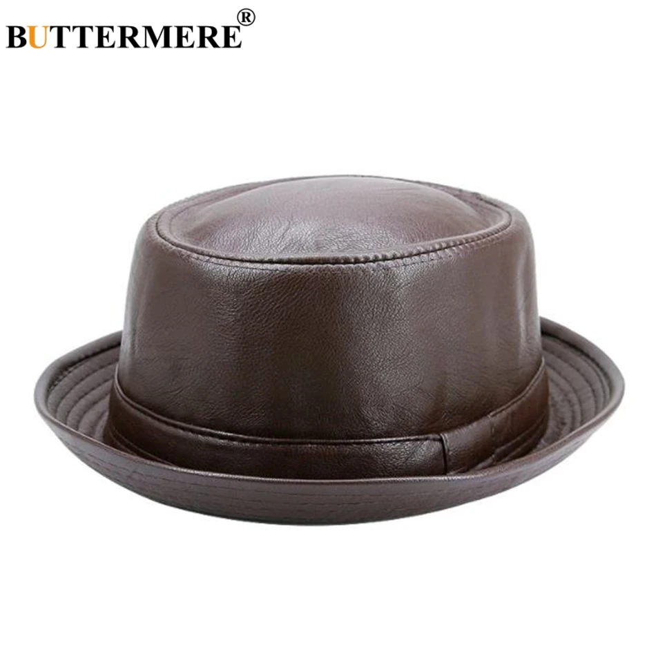 BUTTERMERE Men Black Leather Trilby Hat Male Fedora Cap Retro