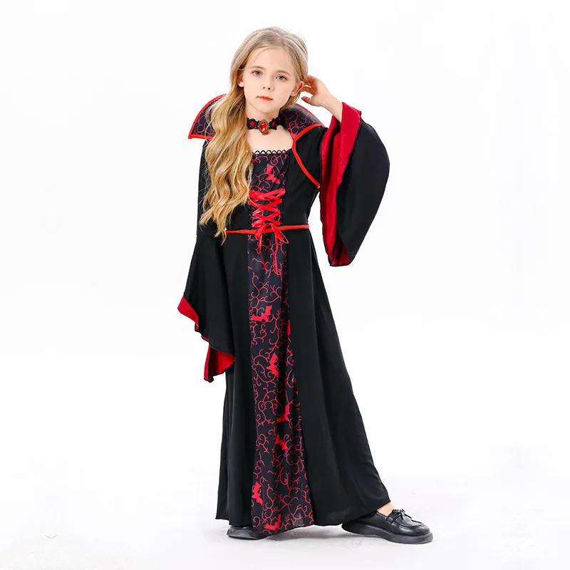

2024 Girls Gothic Vampire Costume Victorian Vampiress Queen Cloak Noble Medieval Queen Halloween DIY Dress Holiday Decorations