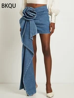 BKQU 2024 Summer Denim Mini Skirts Y2K Aesthetic 3D Flowers Design High Waist Micro Skirts Skinny Wrap Jeans Penceil Skirt Women 1