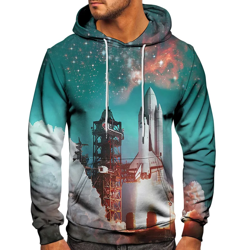 

New 2023 Men 3D Hoodie Galaxy Space Shuttle Launch Print Hooded Sweatshirt Male Sportwear Fashion Pullover Clothes Euro Size 6XL